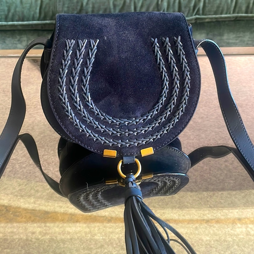 Chloe crossbody Marcie. exclusive  suede Navy contrast stitching.